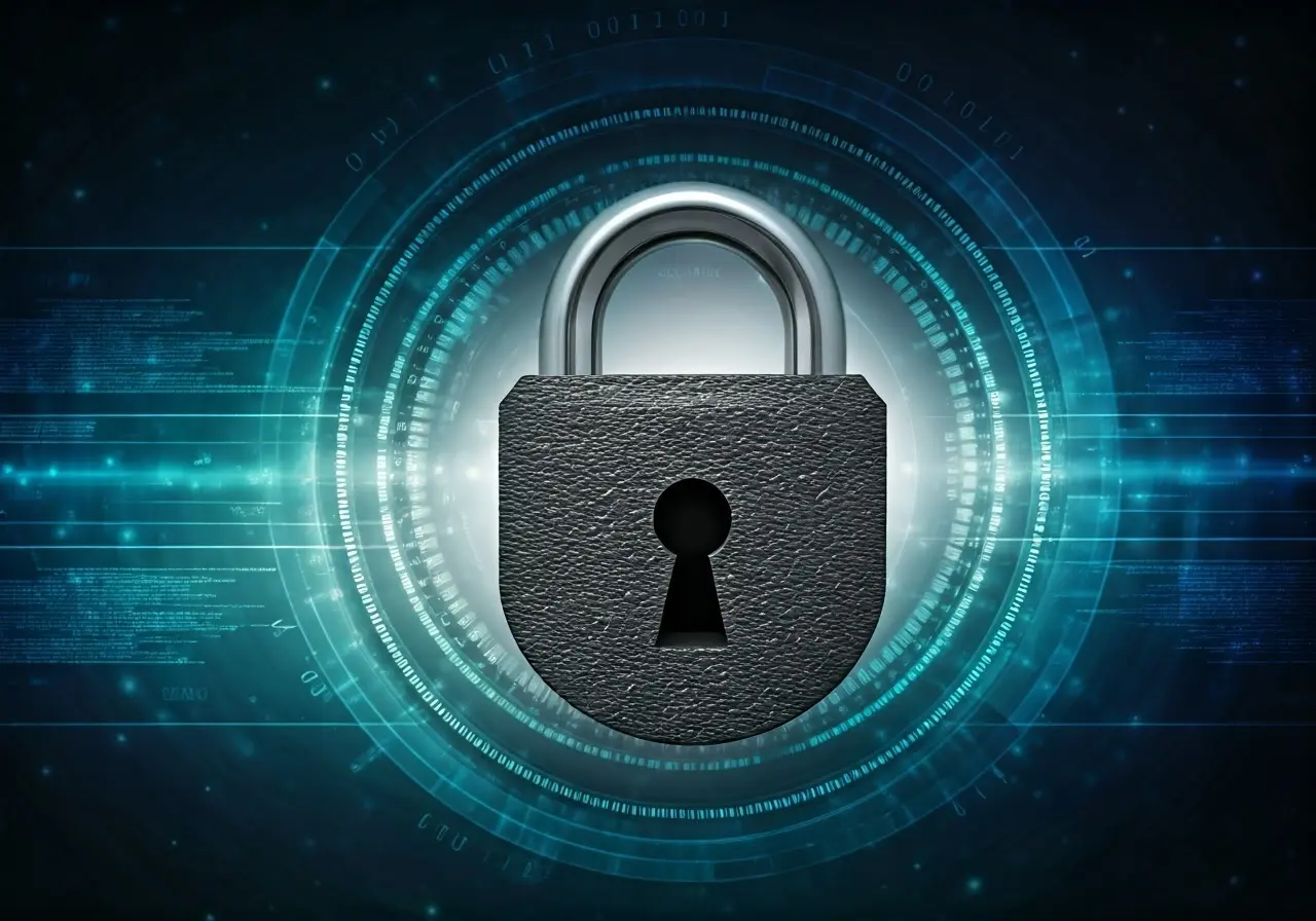 A locked padlock on a glowing digital network background. 35mm stock photo