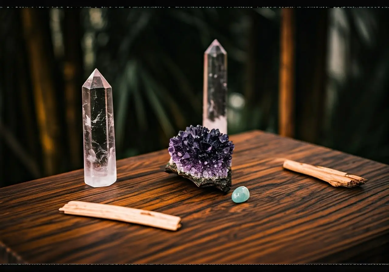 A serene altar adorned with wooden sticks and crystals. 35mm stock photo