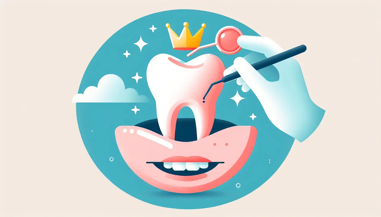 Draw a graphic in flat design style. An illustration of a single, shiny dental crown placed over a tooth, with a smiling mouth in simple flat colors.