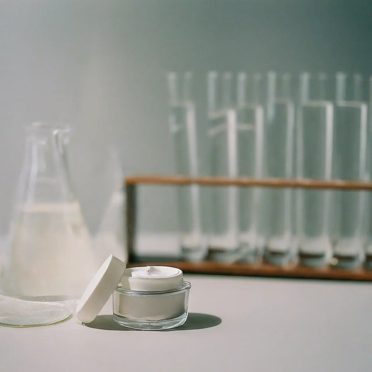 Close-up of skincare products with a scientific research background. 35mm stock photo