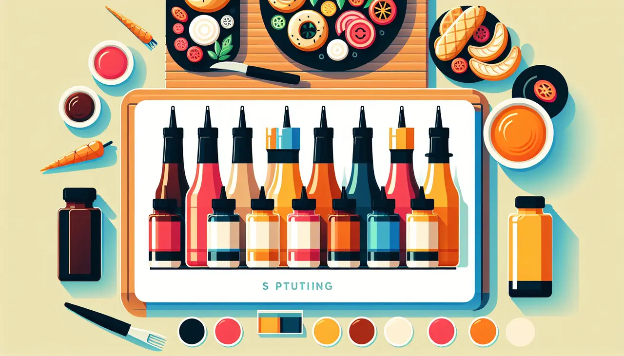 Draw a graphic in flat design style. A colorful array of specialty sauces in sleek bottles with a plate of appetizers in the background.