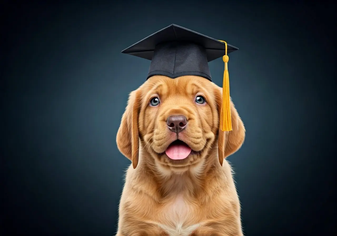 A puppy wearing a small graduation cap at boot camp. 35mm stock photo