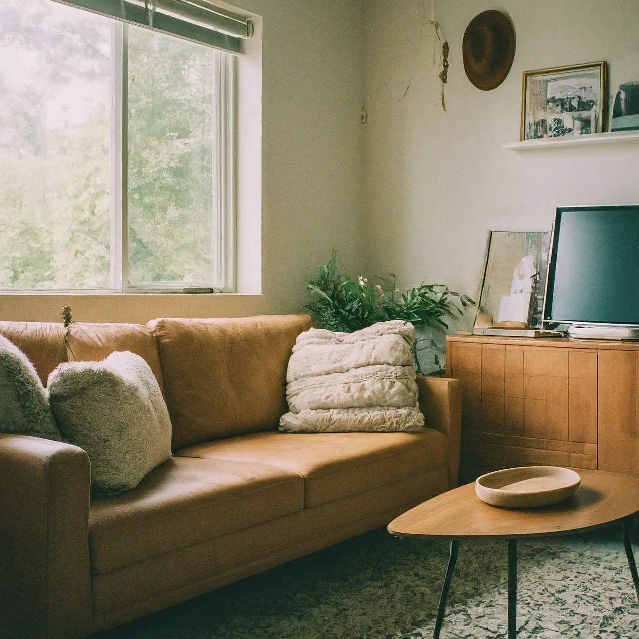 A beautifully decorated Airbnb living room with stylish furnishings. 35mm stock photo