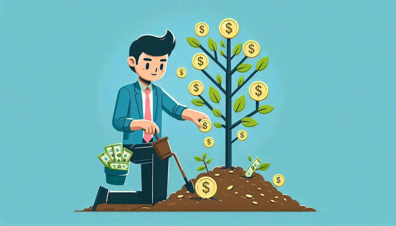 Draw a graphic in flat design style. Create an image of a young person planting a tree, with coins and dollar bills growing on its branches, symbolizing early retirement planning.