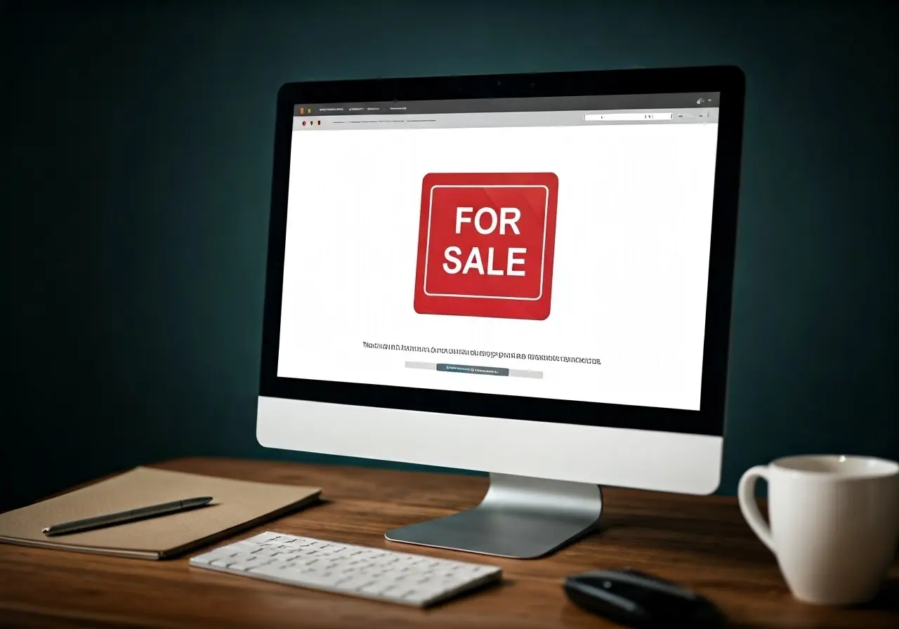 A computer screen showing a website with a For Sale sign. 35mm stock photo