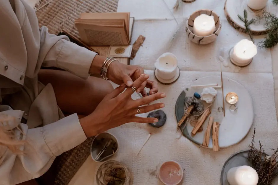 A stylish woman’s hand with silver jewelry amidst a calming candle arrangement.