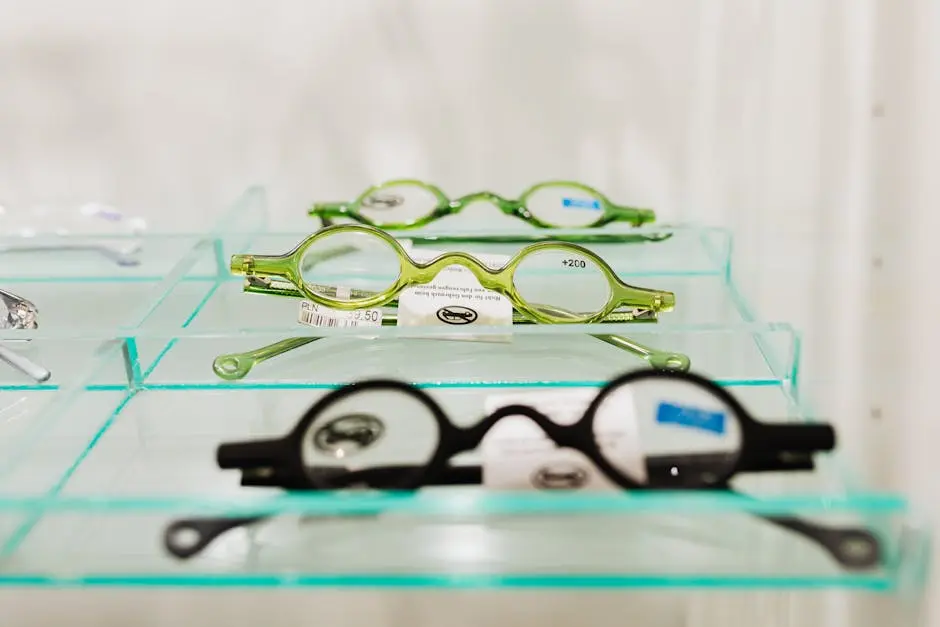 Stylish green and black eyeglasses on glass shelves, showcasing modern eyewear design.