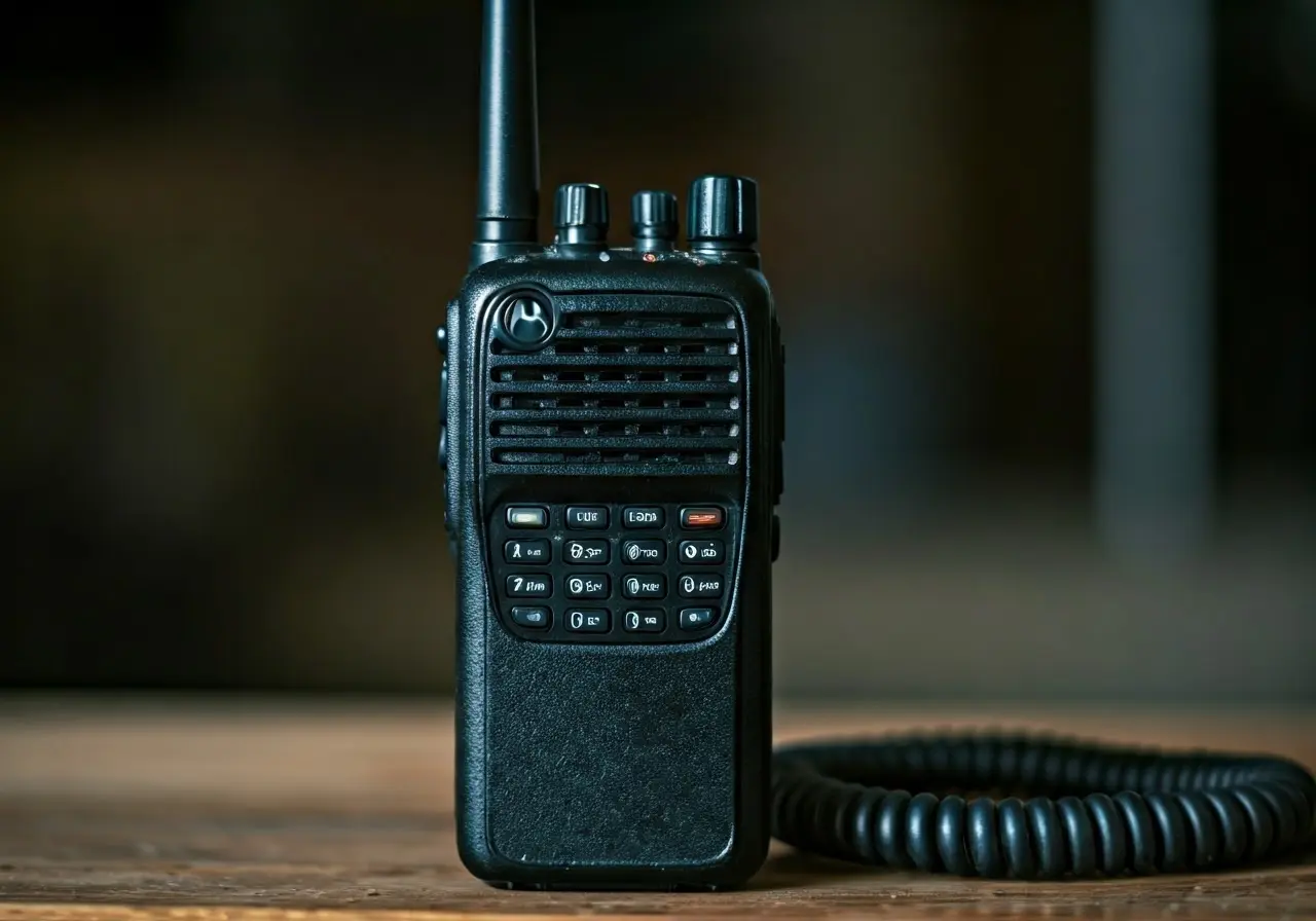 A close-up of a Motorola TLK 100 two-way radio. 35mm stock photo