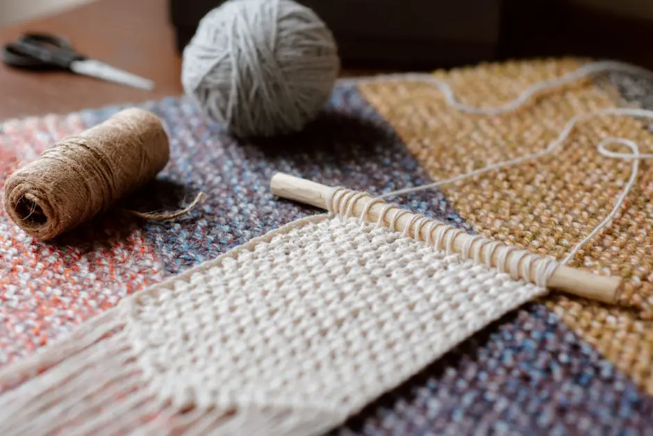 Beige knitted piece of macrame decor and thread near knitting ball on wool surface at home