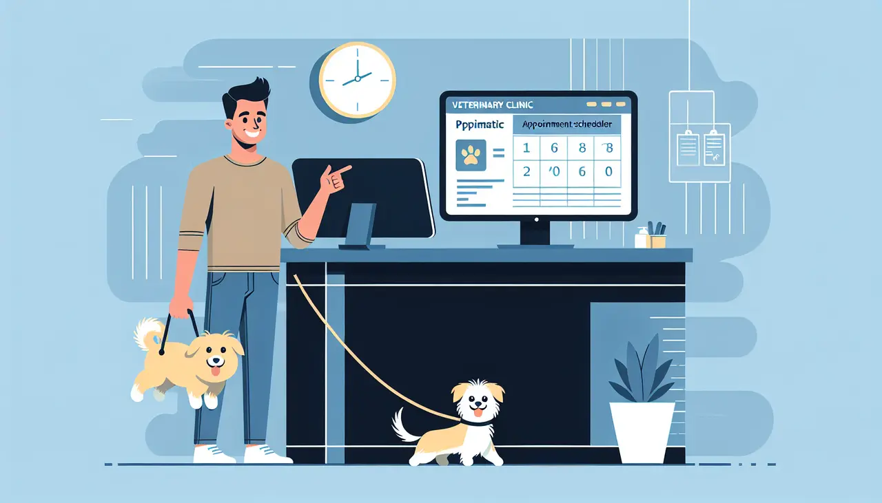 Draw a graphic in flat design style. A sleek veterinary clinic reception desk with a computer displaying veterinary software, a digital appointment scheduler, and a happy pet owner with a dog.