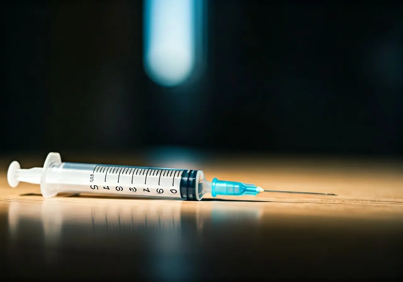 A close-up of a syringe with clear liquid on table. 35mm stock photo