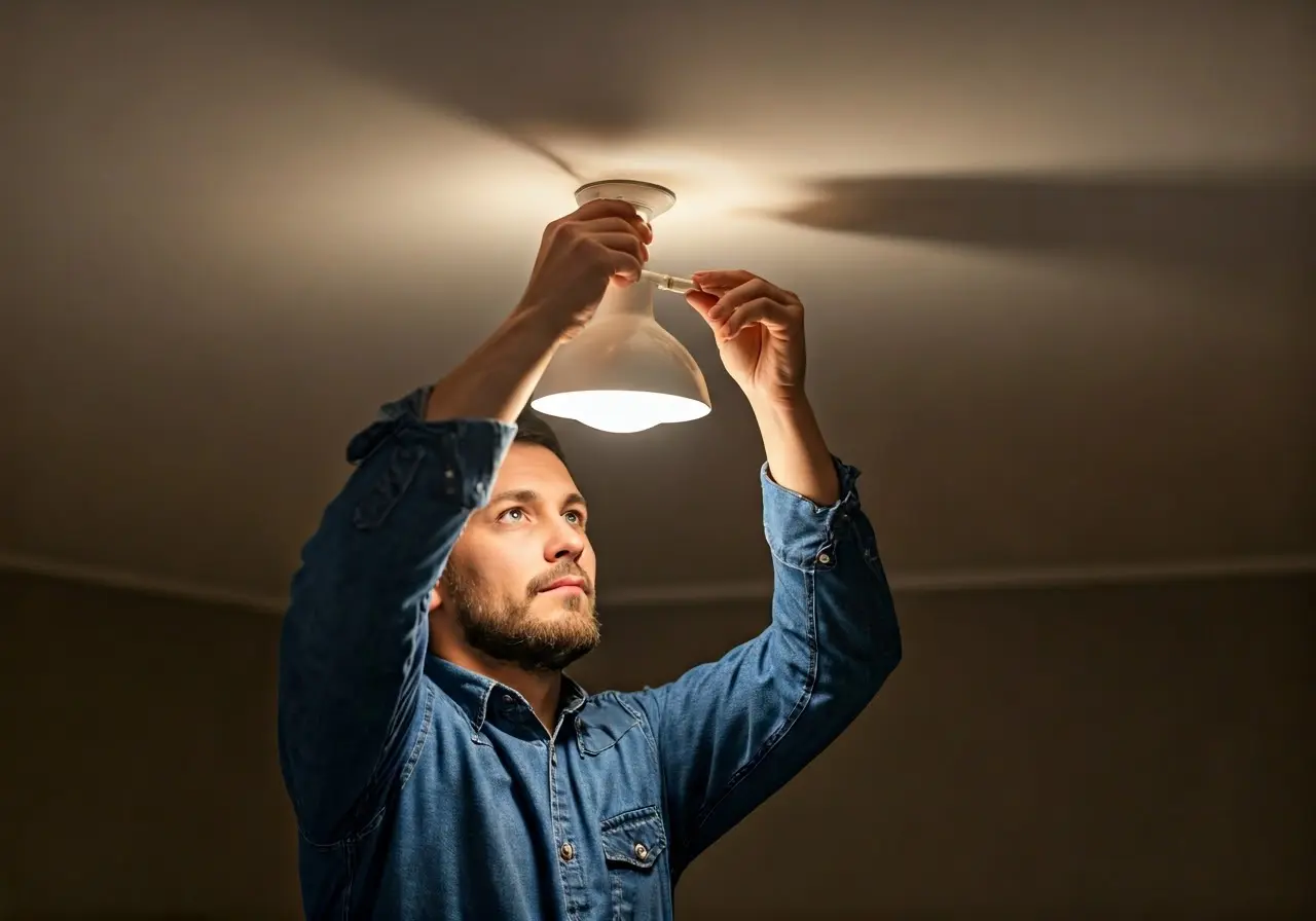 A person installing a ceiling light fixture with caution. 35mm stock photo