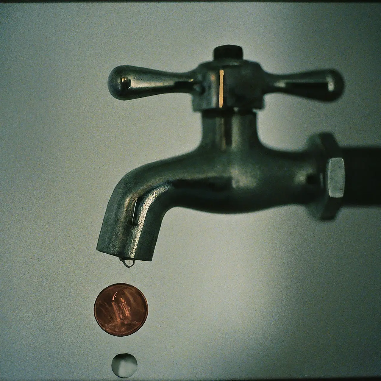 A dripping water faucet with a coin dropping in. 35mm stock photo