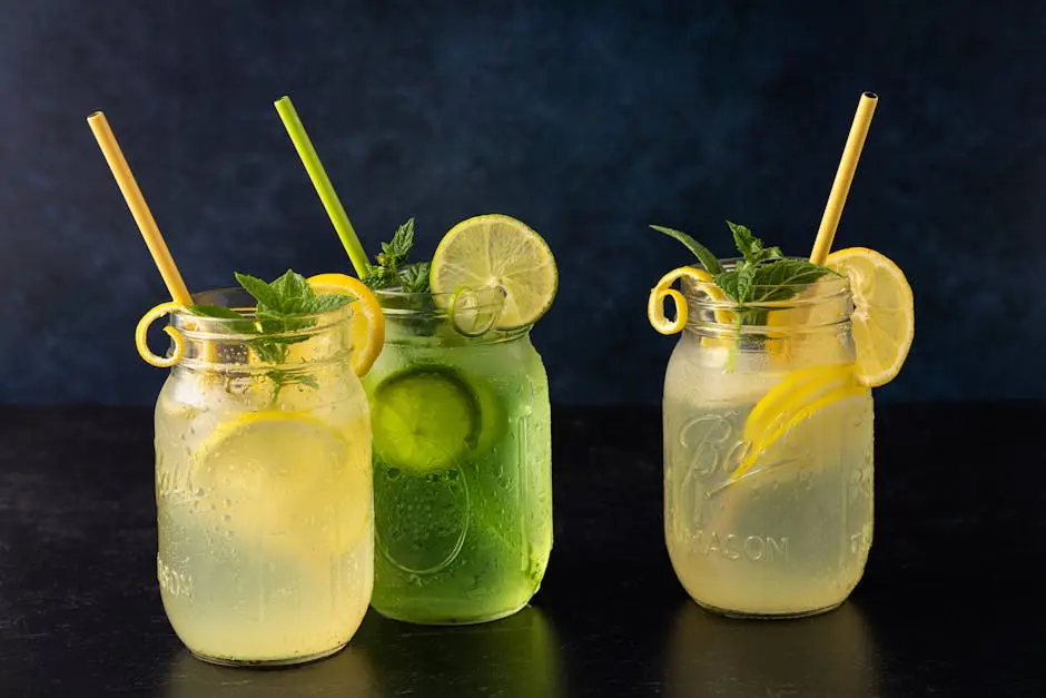 Three mason jars filled with lemon and lime refreshment garnished with mint.