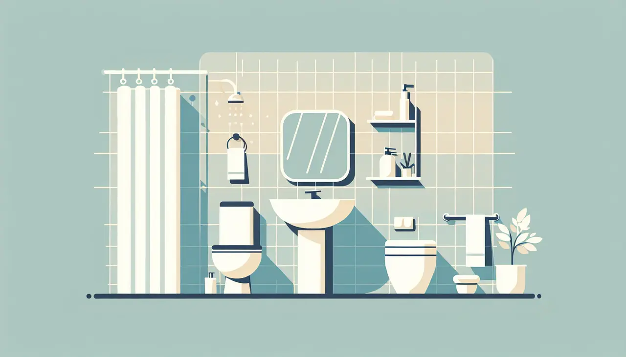 Draw a graphic in flat design style. A clean, modern bathroom with a shower, sink, and toilet, all illustrated in minimalistic flat design style.