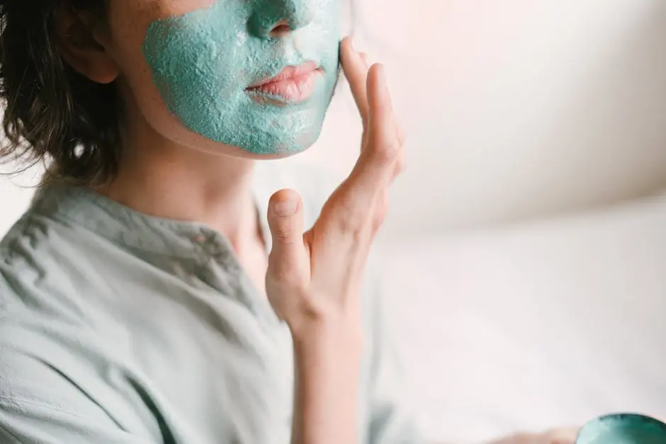 Young woman applies a rejuvenating facial mask indoors for skin care and relaxation.