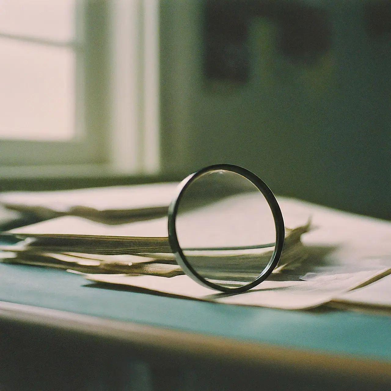 A close-up of a magnifying glass on various documents. 35mm stock photo