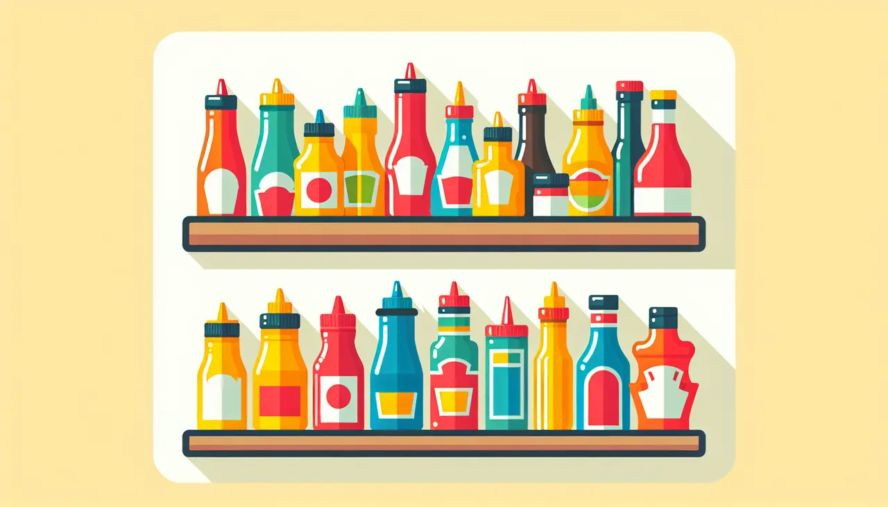 Draw a graphic in flat design style. Design an image of various colorful condiment bottles lined up neatly on a kitchen shelf.