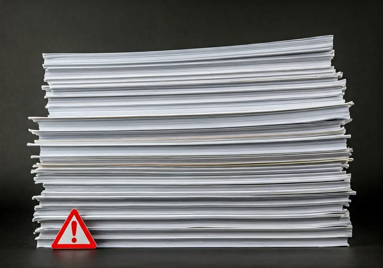 A stack of documents with a red warning sign. 35mm stock photo