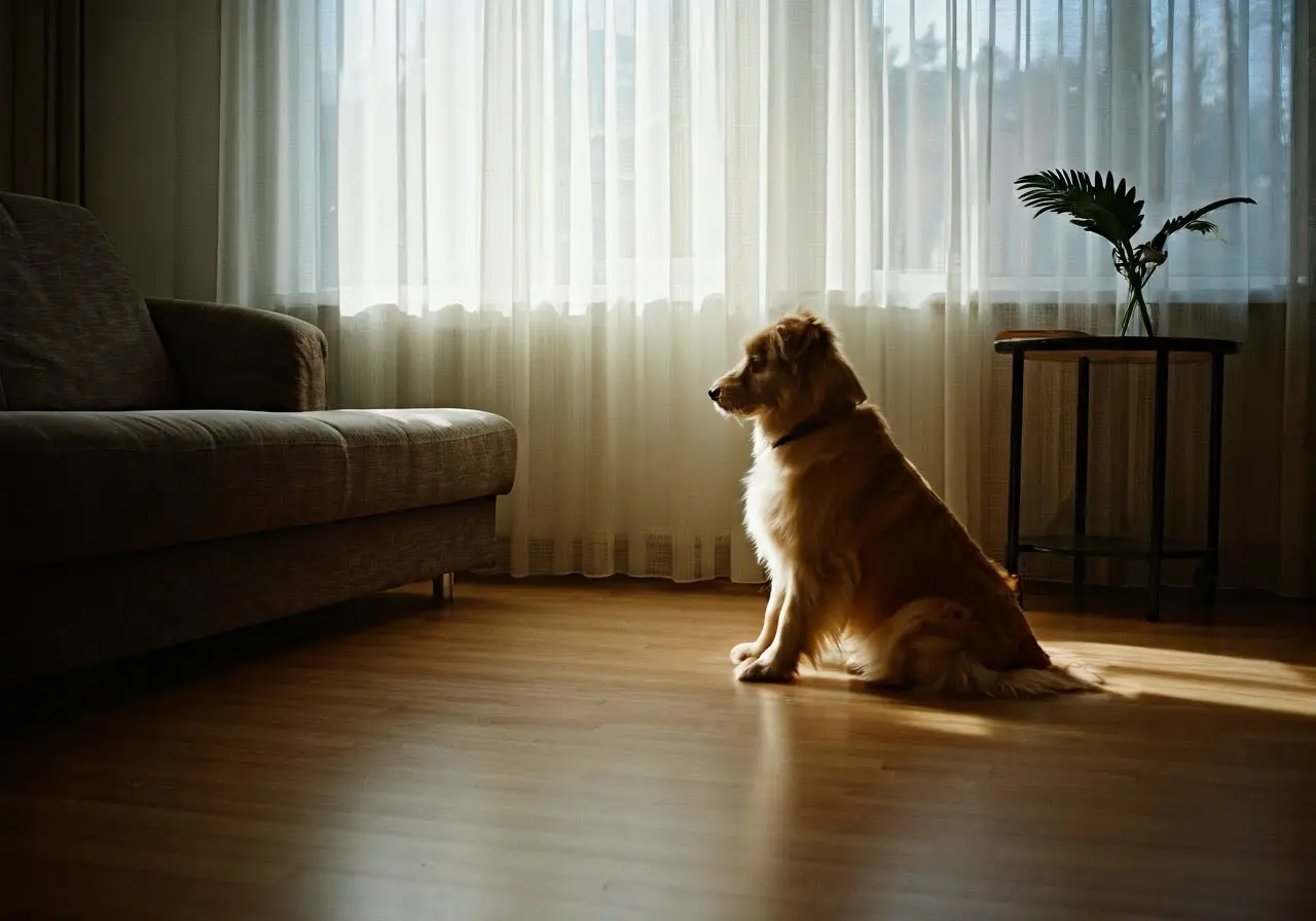 A dog learning basic commands in a bright living room. 35mm stock photo