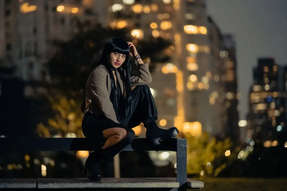 Stylish Woman Posing at Night in Urban Setting