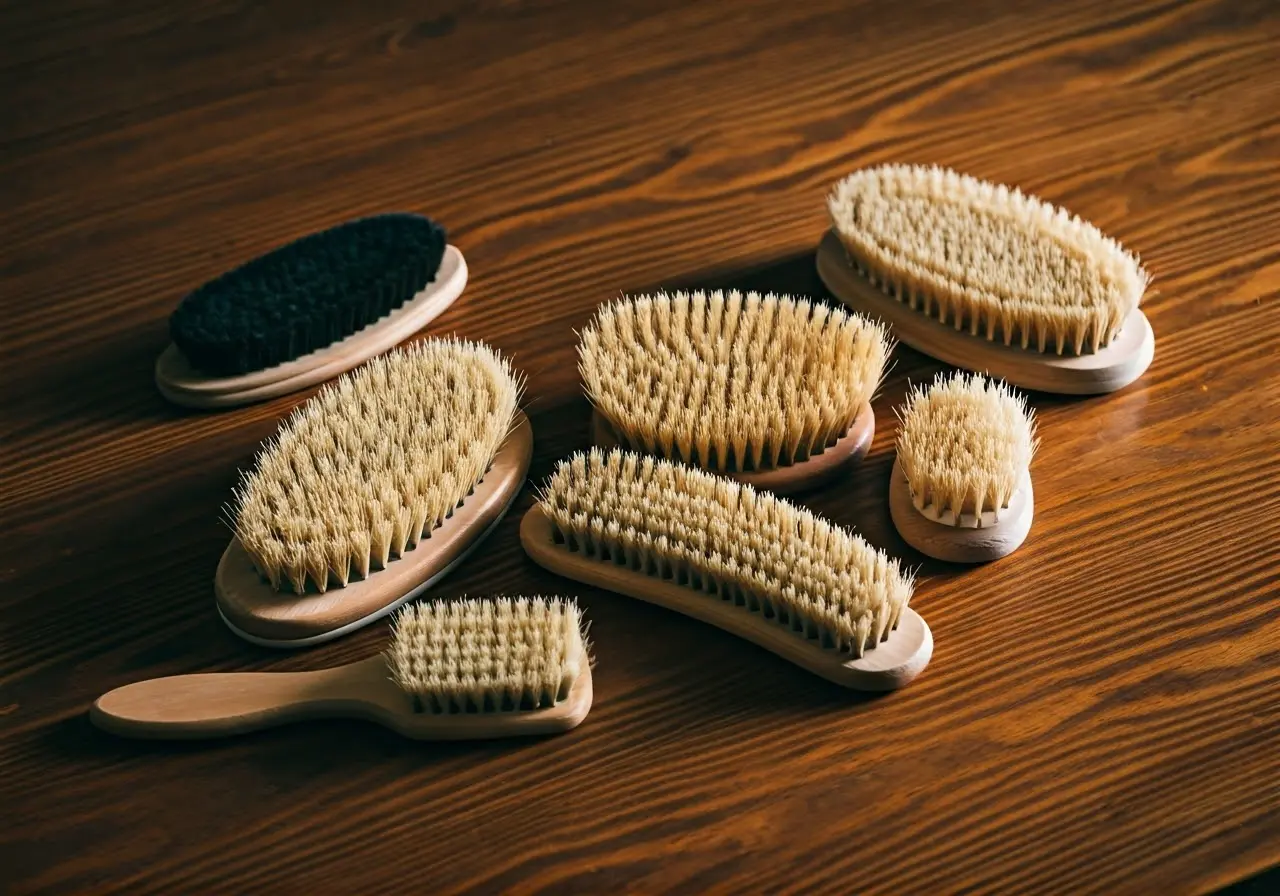 A collection of wave brushes displayed on a wooden table. 35mm stock photo