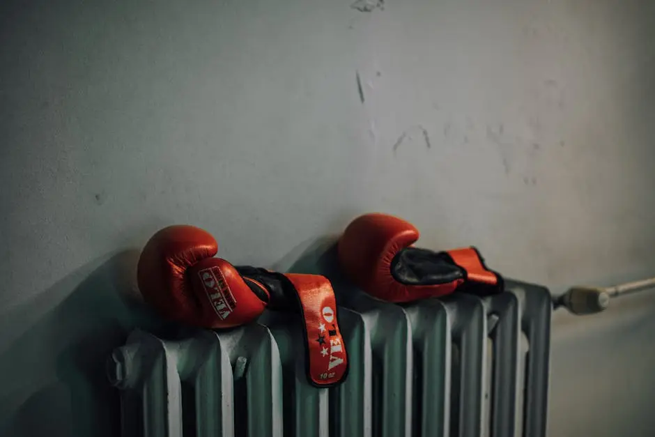 Red boxing gloves resting on a radiator against a textured wall, symbolizing strength and endurance.