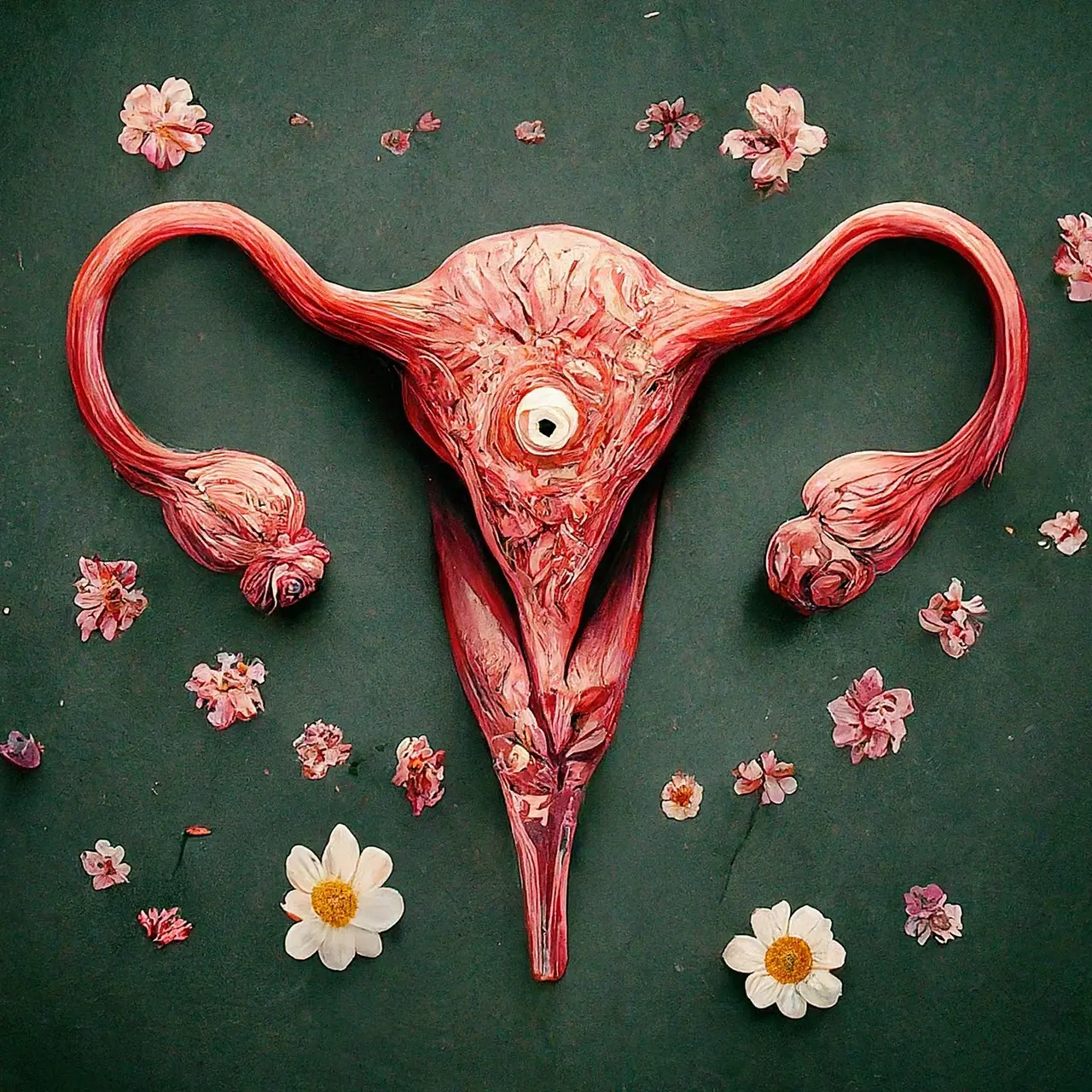 Illustration of a uterus with flowers and pain symbols around. 35mm stock photo