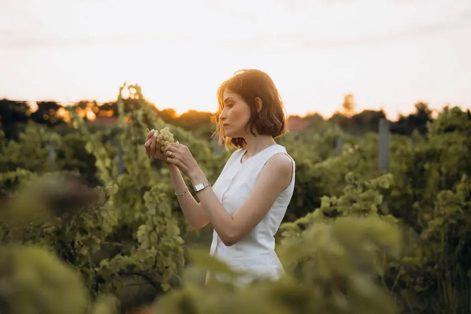 Woman in white dress picking grapes at sunset