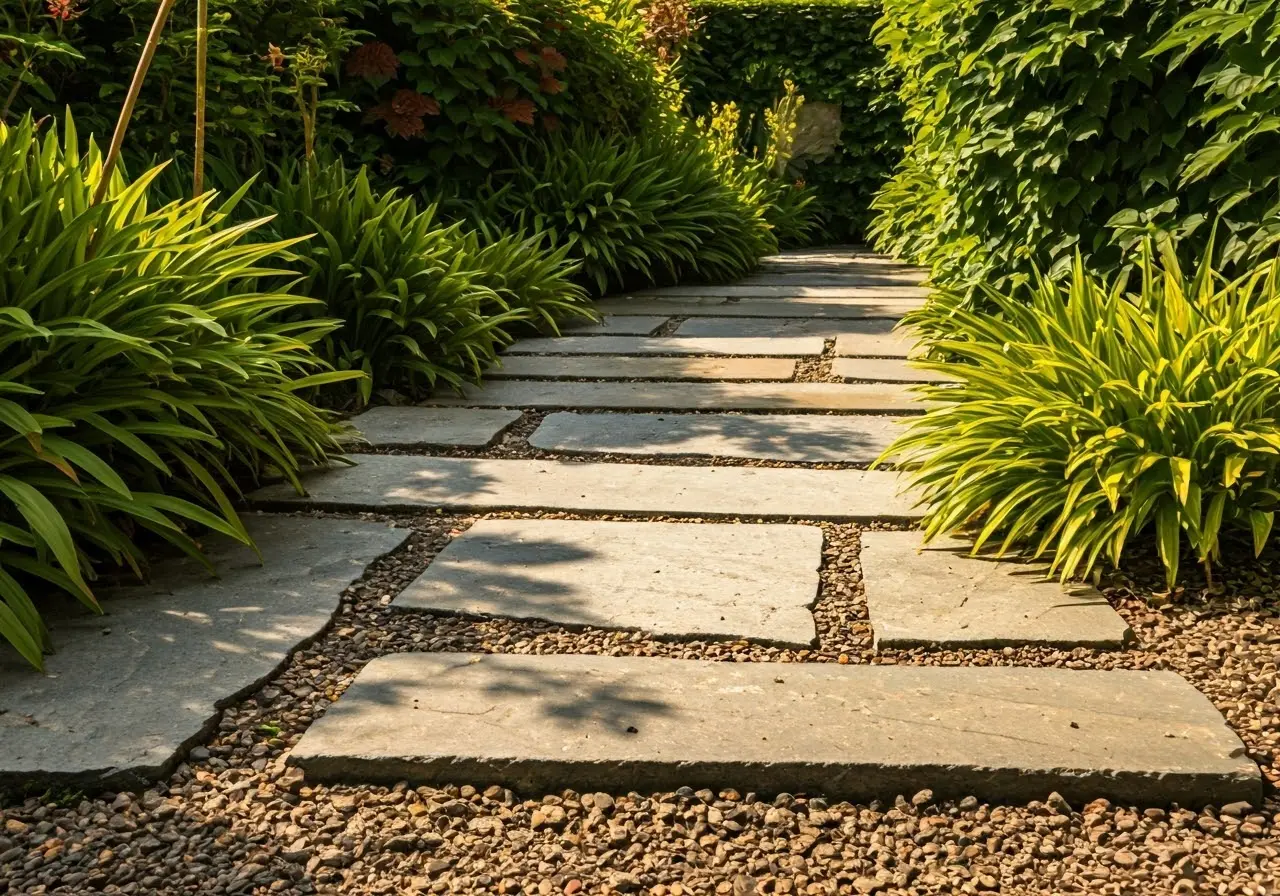 Close-up of porcelain slabs in a garden setting. 35mm stock photo