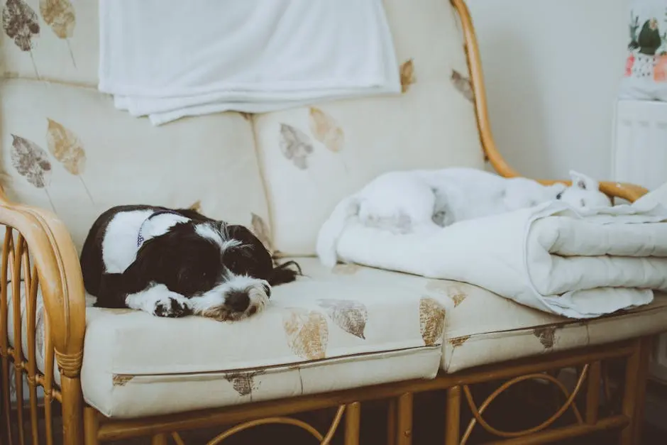 Two dogs peacefully sleeping on a patterned sofa in a cozy living room setting.