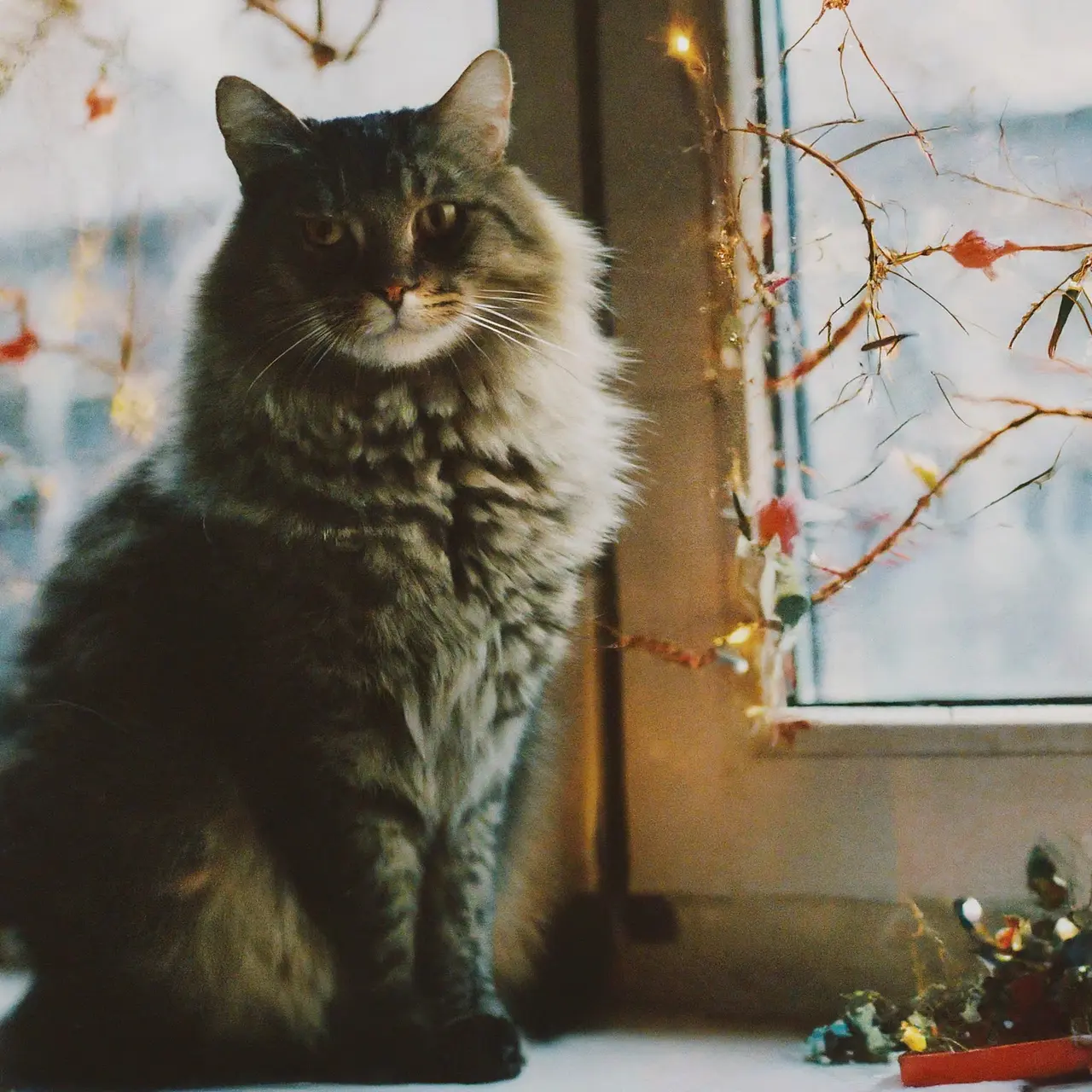 A fluffy cat sitting by a decorated holiday window. 35mm stock photo