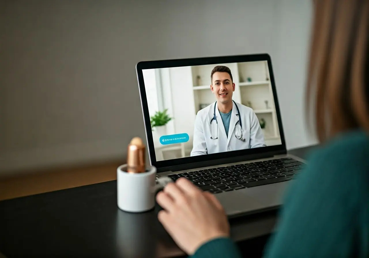 A person video chatting with a dermatologist on a laptop. 35mm stock photo