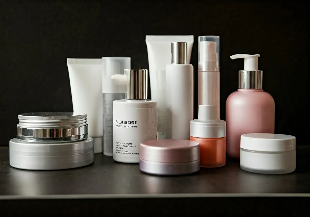 Various skincare products arranged neatly on a bathroom counter. 35mm stock photo