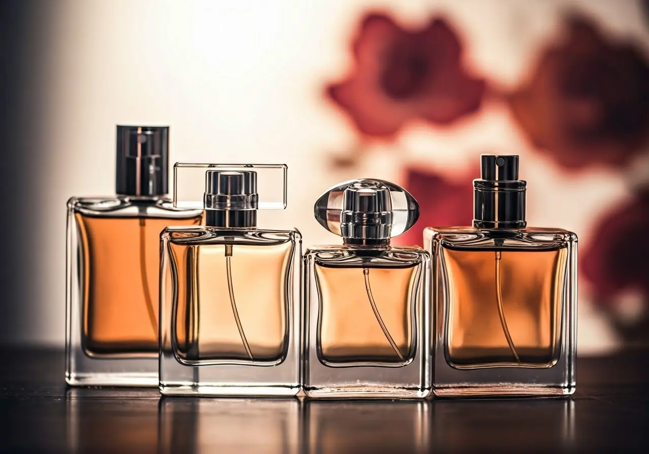 Layered perfume bottles with soft, blurred floral background. 35mm stock photo