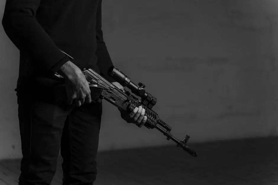 A monochrome photograph of a person grasping an assault rifle in a dark setting.