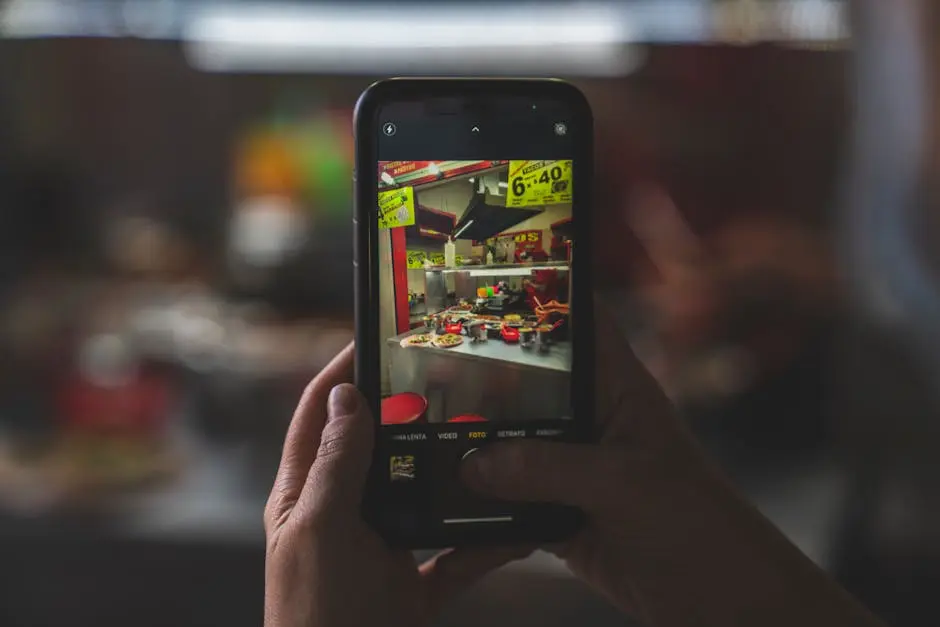 Person taking a photo of vibrant Mexican food stall with smartphone, showcasing street food culture.