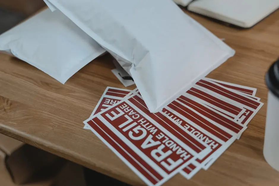 Close-up view of mailing supplies with fragile stickers on a wooden table.