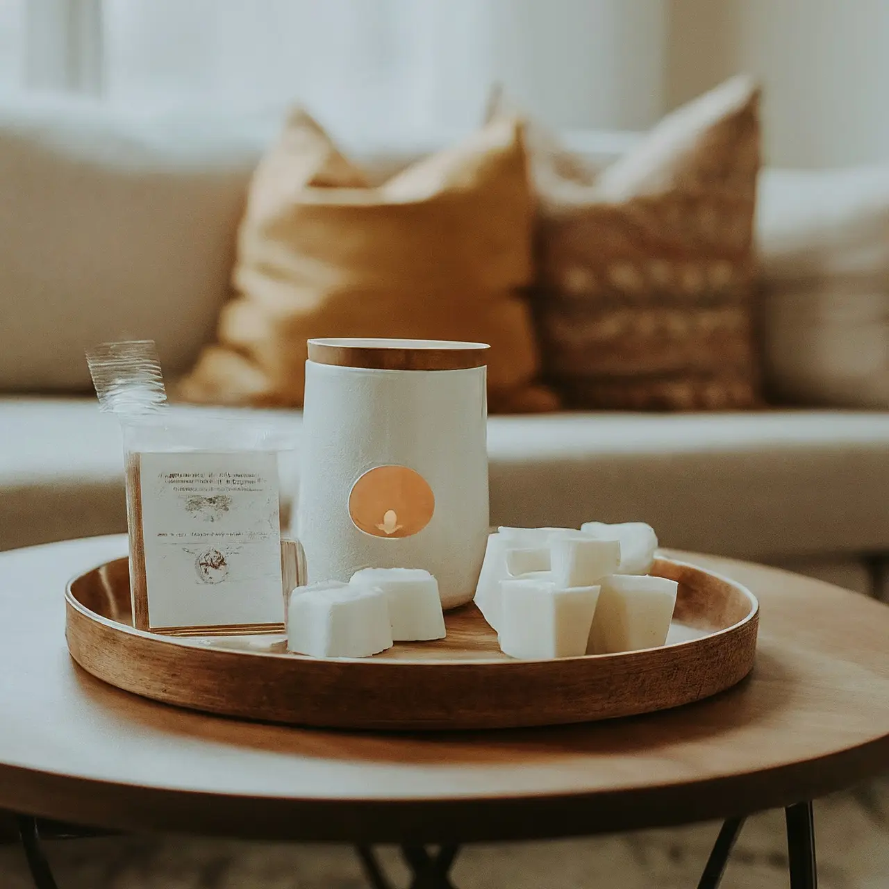 A cozy living room with wax melts on a coffee table. 35mm stock photo