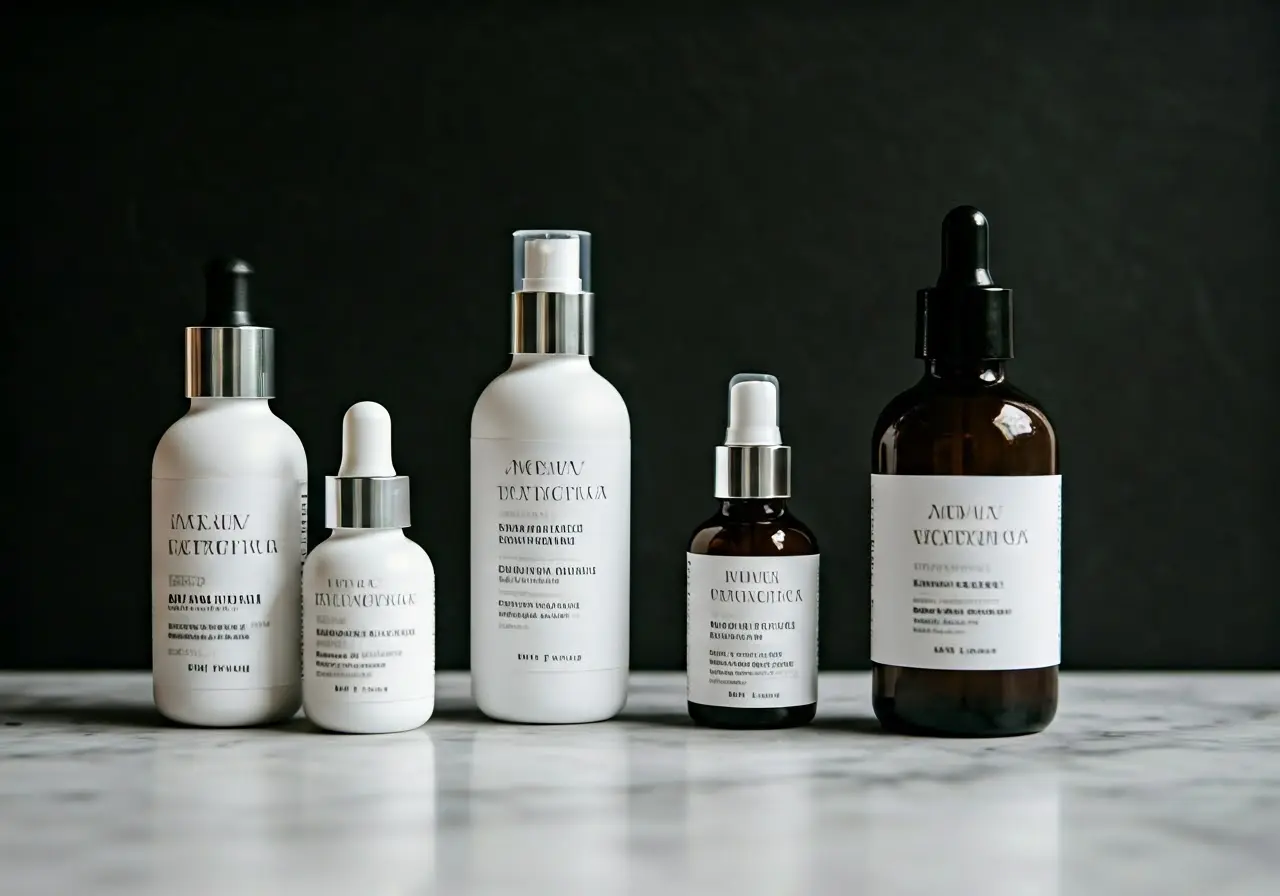 A collection of luxury vegan skincare bottles on a marble countertop. 35mm stock photo