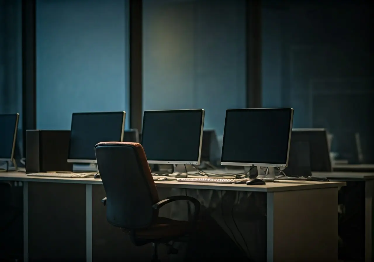 A modern office with computers and IT equipment organized neatly. 35mm stock photo