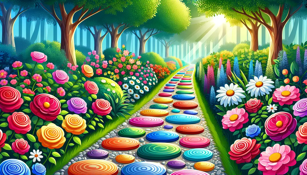 Draw a graphic in flat design style. Colorful decorative garden stones arranged along a narrow garden path with blooming flowers.