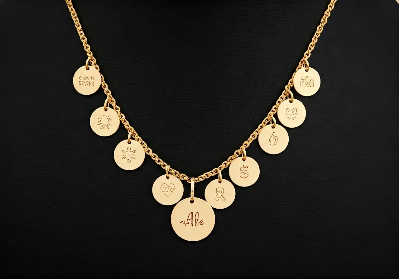 A gold necklace with customizable charms and pendants. 35mm stock photo