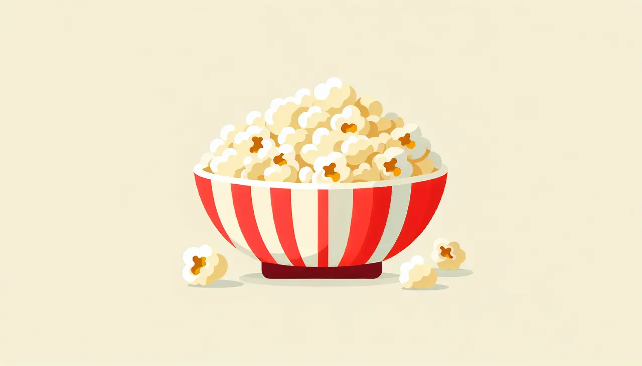 Draw a graphic in flat design style. A minimalist bowl of gourmet popcorn with a few scattered kernels around it.