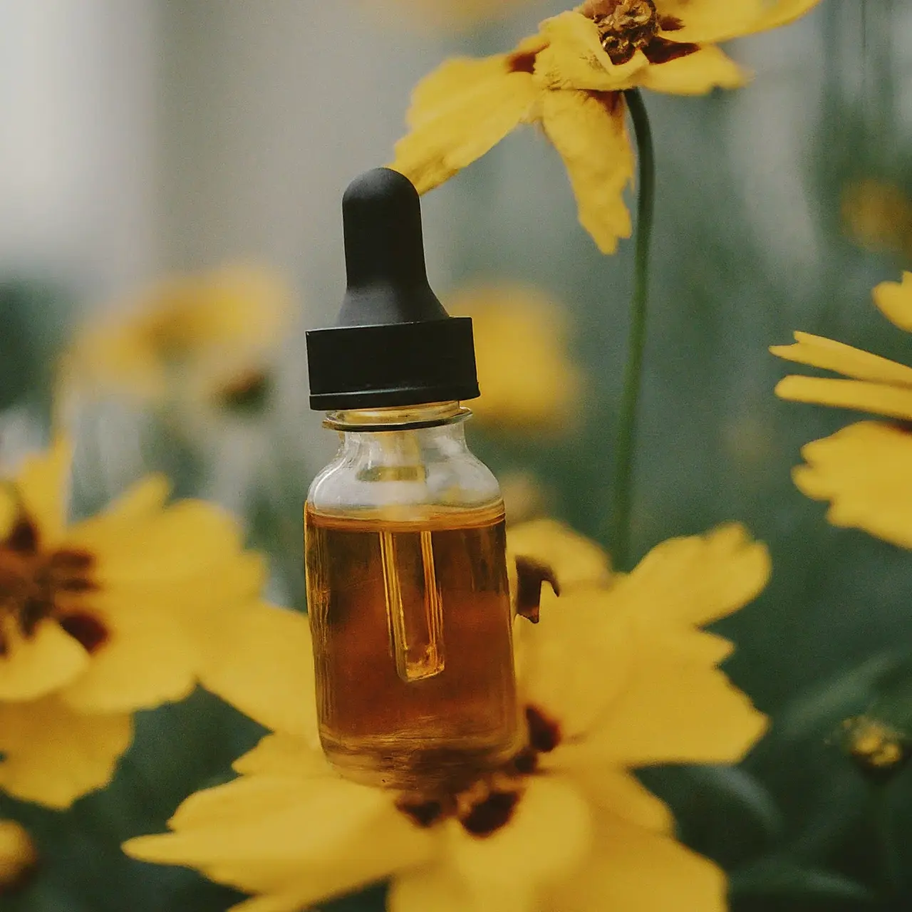 A bottle of CBD oil with a backdrop of flowers. 35mm stock photo