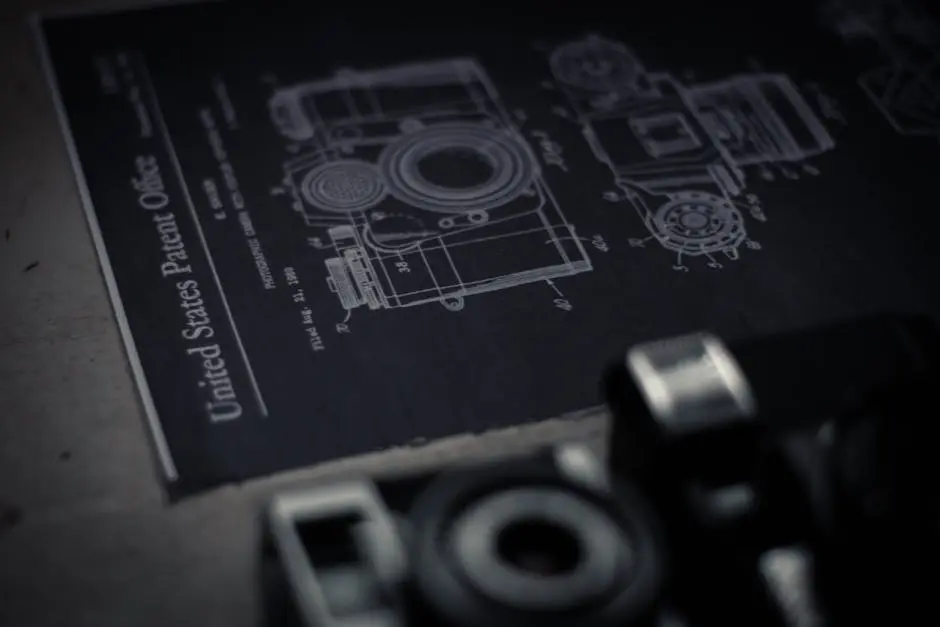 Detailed blueprint of a camera with an official patent from the United States Patent Office.