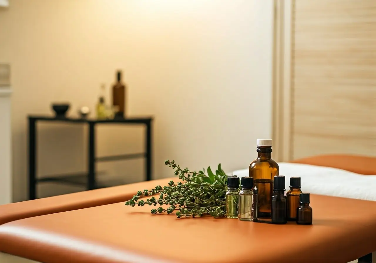 A serene chiropractic treatment room with essential oils and herbs. 35mm stock photo