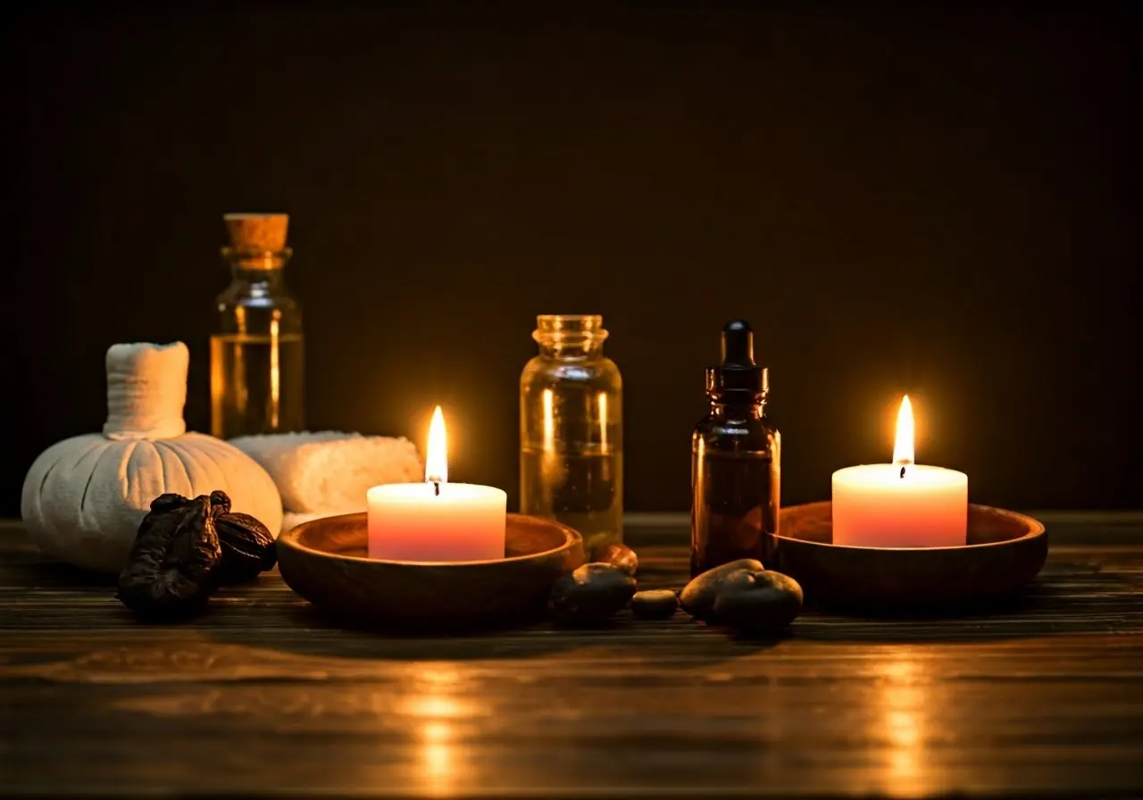 A tranquil spa setup with aromatherapy candles and essential oils. 35mm stock photo