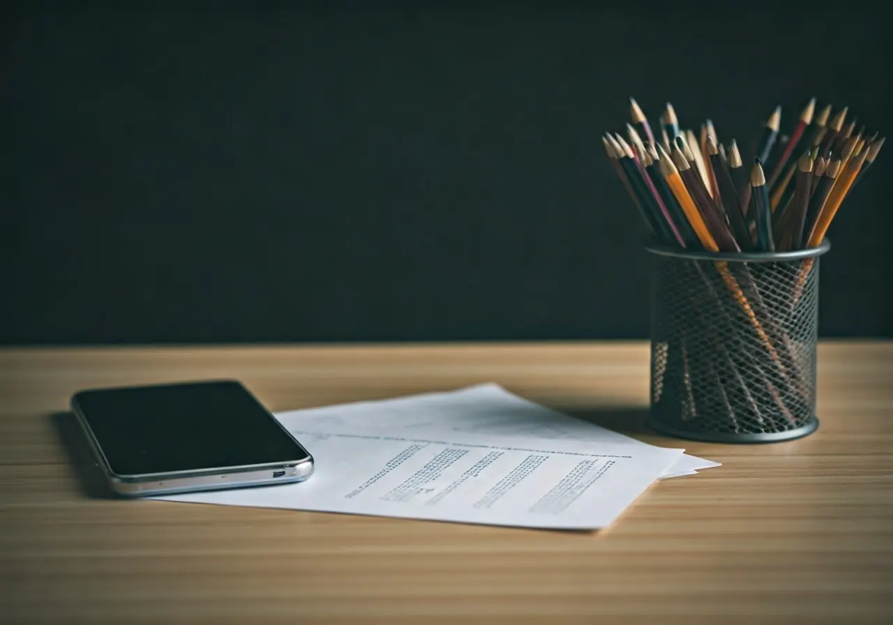 A tidy desk with financial documents and digital devices. 35mm stock photo