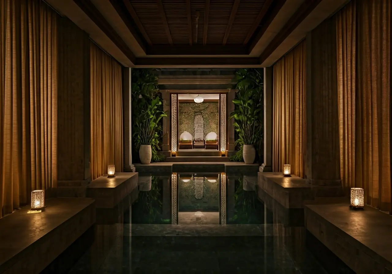 A serene Balinese spa with tranquil decor and ambient lighting. 35mm stock photo